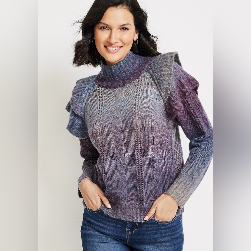 Vigoss Spacedye Ruffle Mock Neck Cable Knit Ruffled Sweater